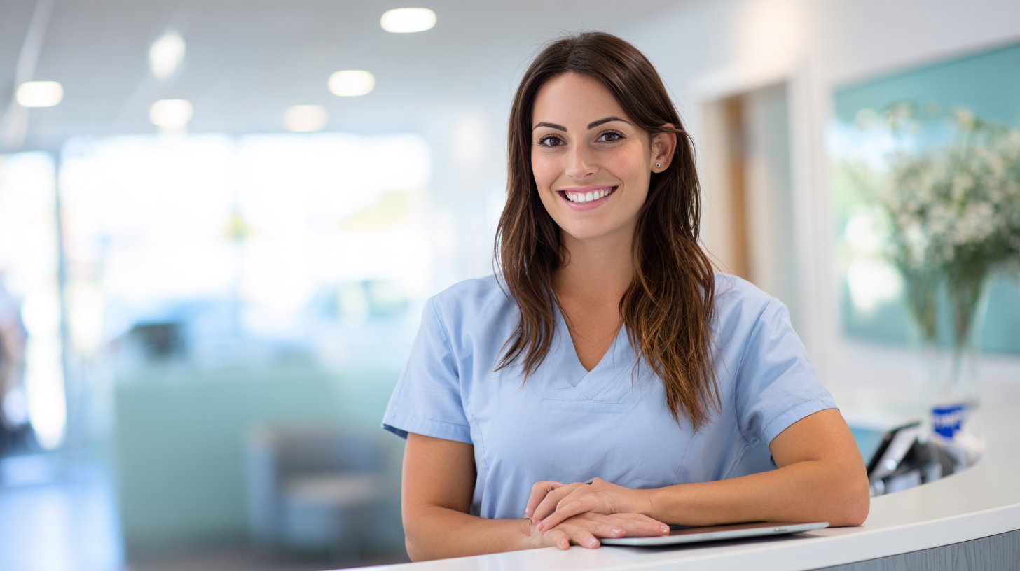 Friendly receptionist at a modern UK dental practice reception desk